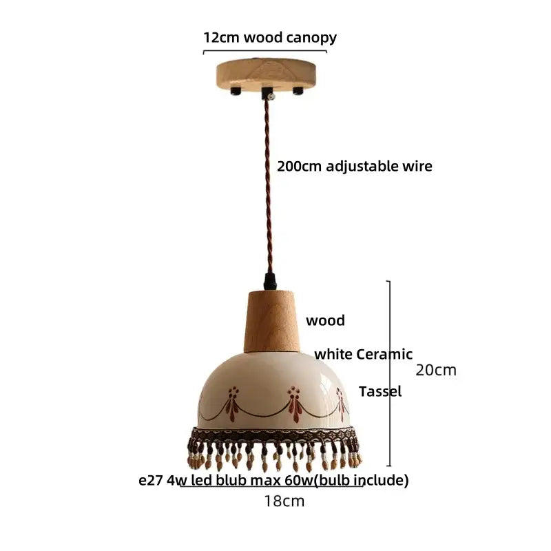 Vintage brown wood ceramic pendant lights bedroom beaded fringe