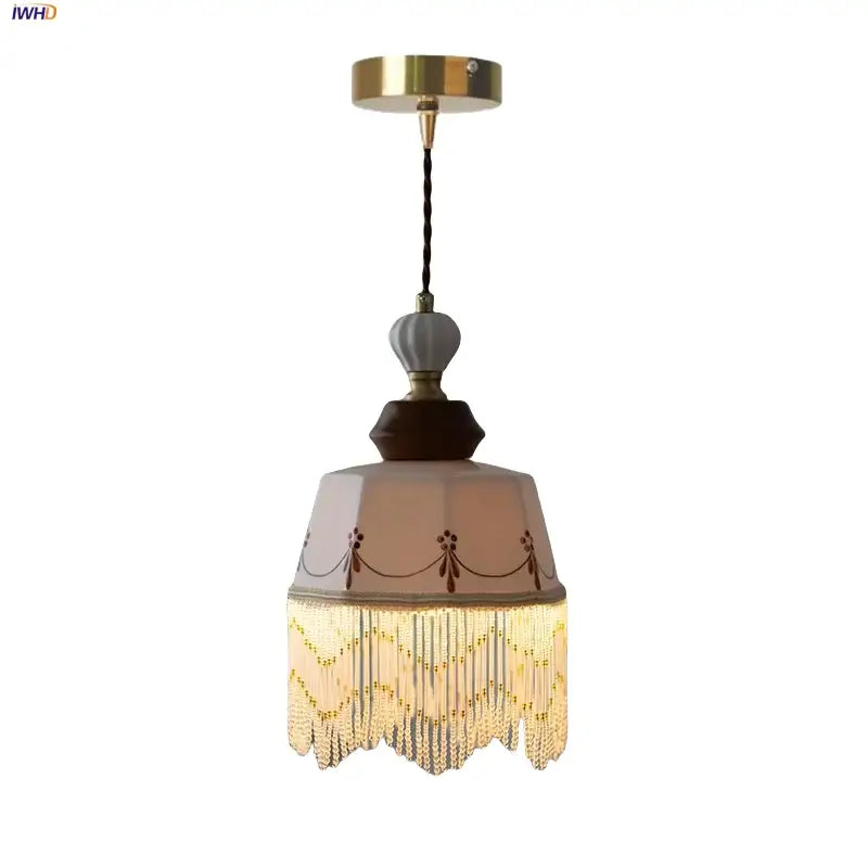 Vintage brown wood ceramic pendant lights bedroom beaded fringe
