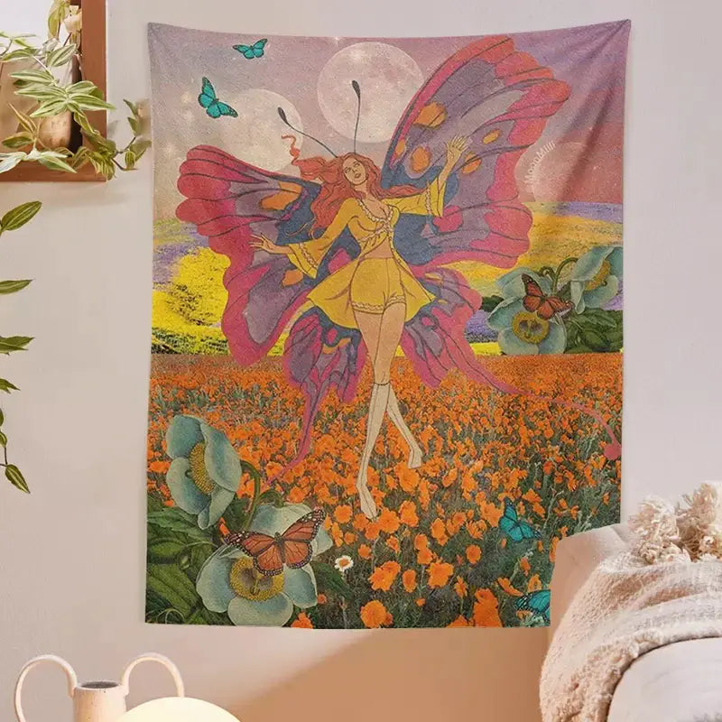 Vintage butterfly girl wall hanging bedroom fairy tapestry