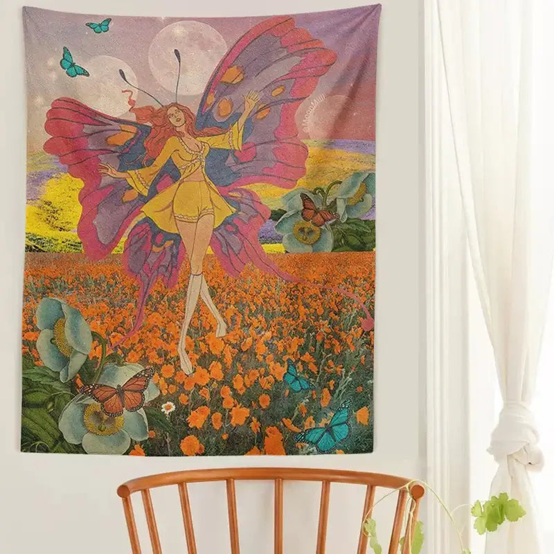 Vintage butterfly girl wall hanging bedroom fairy tapestry