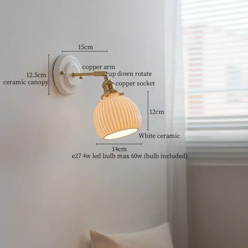Vintage ceramic and brass wall sconce light bedroom pull chain