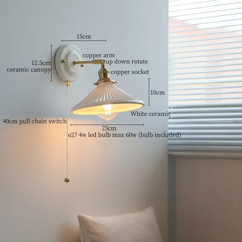 Vintage ceramic and brass wall sconce light bedroom pull chain