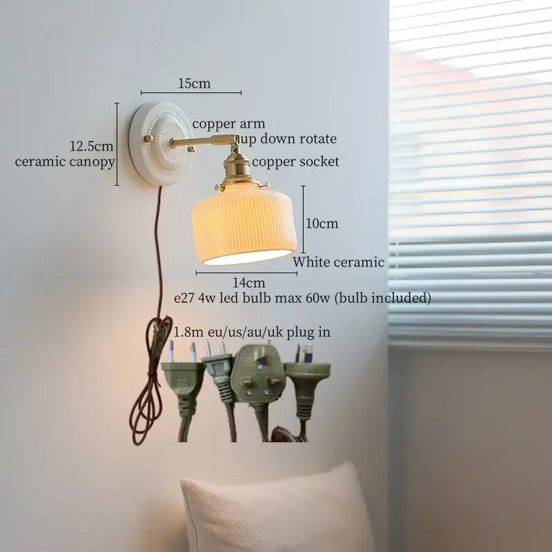 Vintage ceramic and brass wall sconce light bedroom pull chain