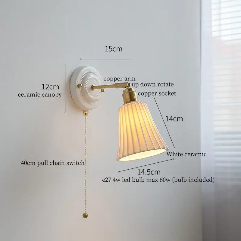 Vintage ceramic and brass wall sconce light bedroom pull chain