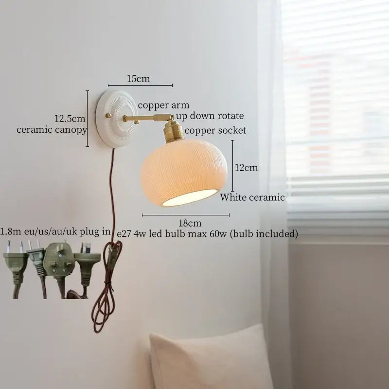 Vintage ceramic and brass wall sconce light bedroom pull chain