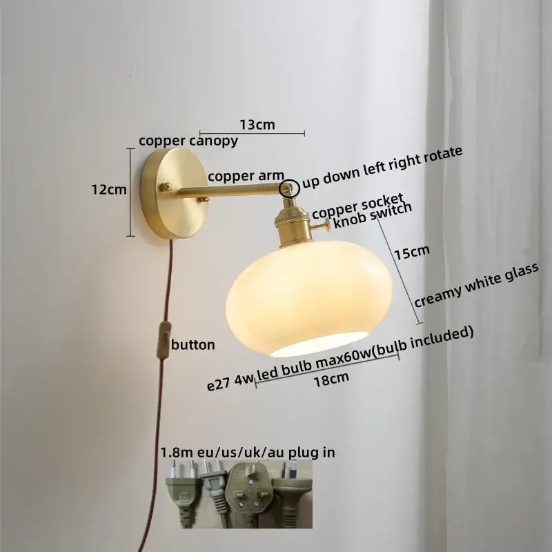 Vintage ceramic copper led wall light for bedroom with ruffled shade