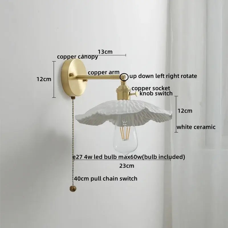 Vintage ceramic copper led wall light for bedroom with ruffled shade