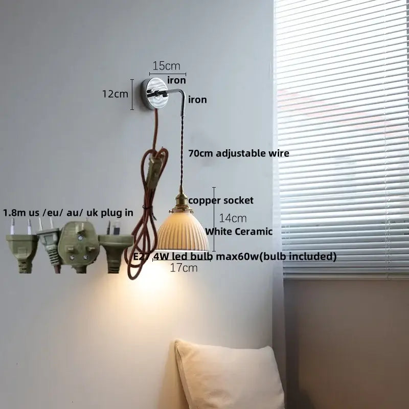 Vintage ceramic led wall sconce with ribbed glass for bedroom