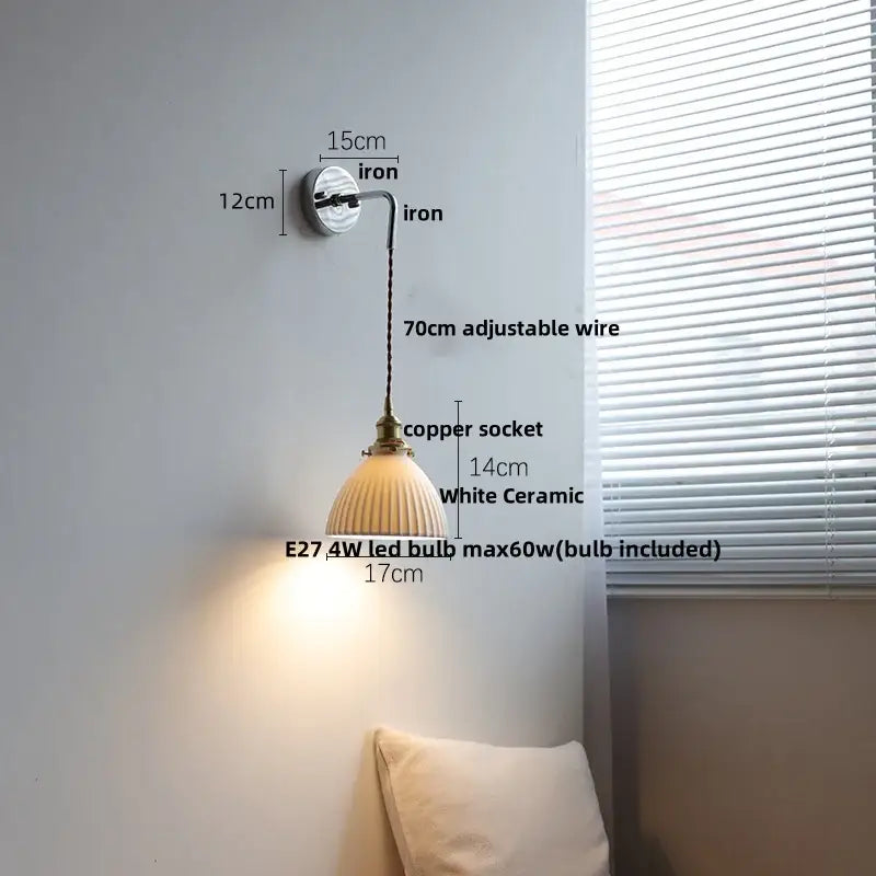 Vintage ceramic led wall sconce with ribbed glass for bedroom
