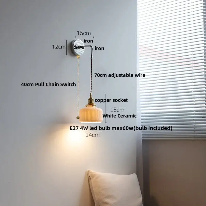 Vintage ceramic led wall sconce with ribbed glass for bedroom