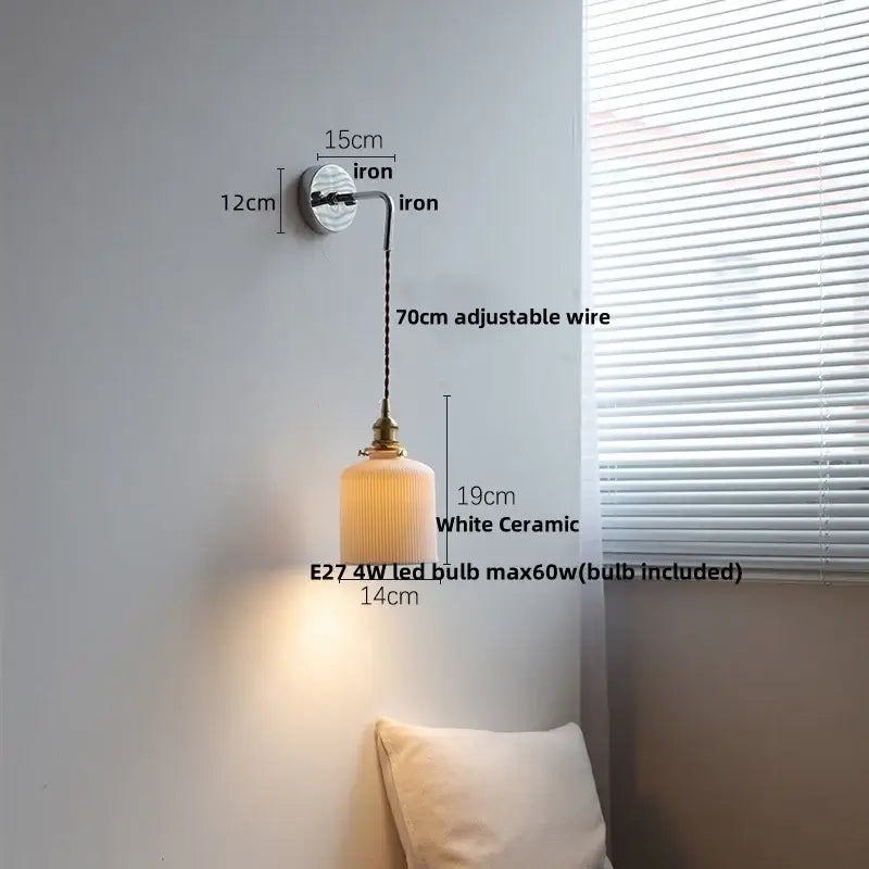 Vintage ceramic led wall sconce with ribbed glass for bedroom