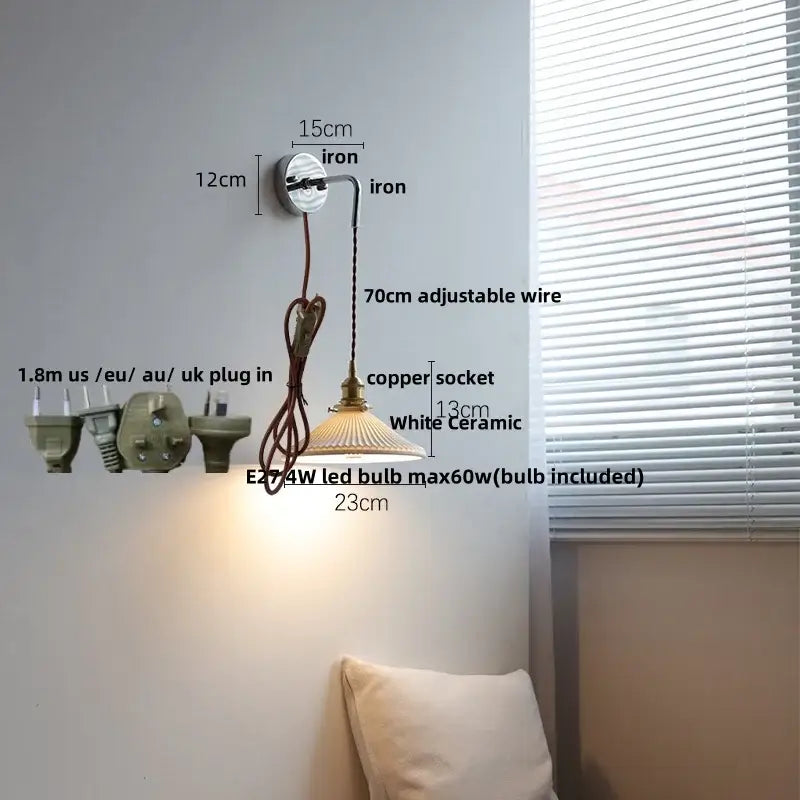 Vintage ceramic led wall sconce with ribbed glass for bedroom