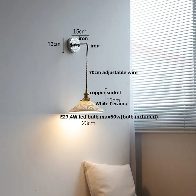 Vintage ceramic led wall sconce with ribbed glass for bedroom