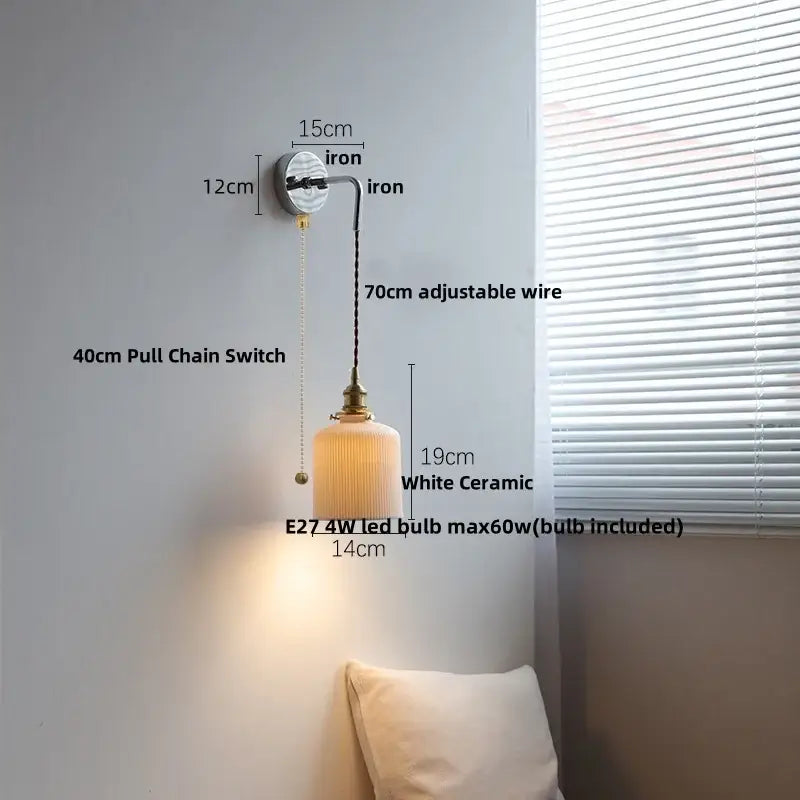 Vintage ceramic led wall sconce with ribbed glass for bedroom