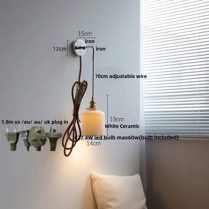 Vintage ceramic led wall sconce with ribbed glass for bedroom