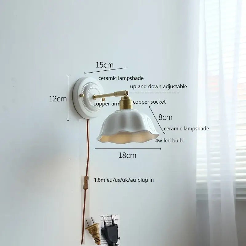 Vintage ceramic wall lamp with fluted glass shade for bedroom