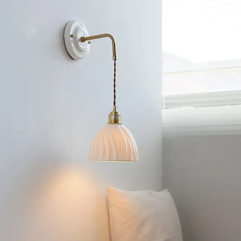 Vintage ceramic wall sconce with copper arm – bedroom pull chain lamp