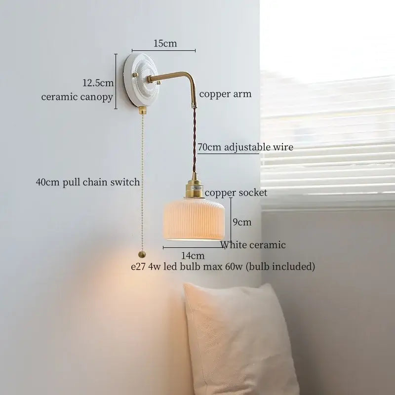 Vintage ceramic wall sconce with copper arm – bedroom pull chain lamp