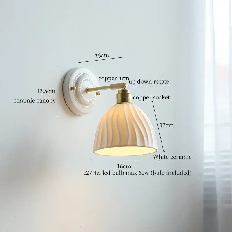 Vintage ceramic wall sconce with copper arm – bedroom pull chain lamp