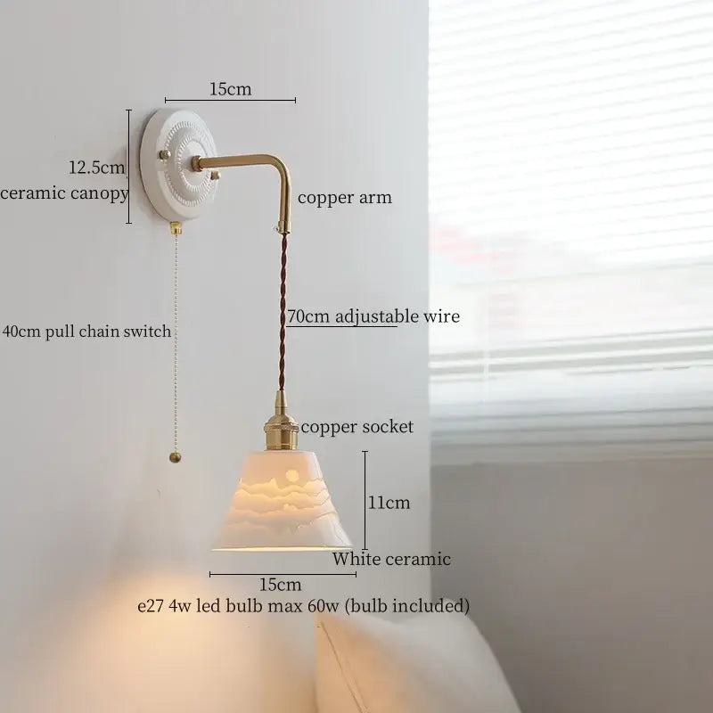 Vintage ceramic wall sconce with copper arm – bedroom pull chain lamp