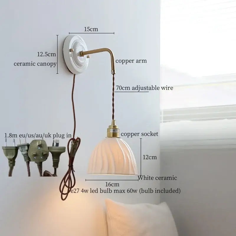 Vintage ceramic wall sconce with copper arm – bedroom pull chain lamp