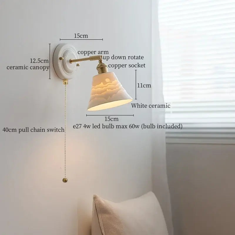 Vintage ceramic wall sconce with copper arm – bedroom pull chain lamp