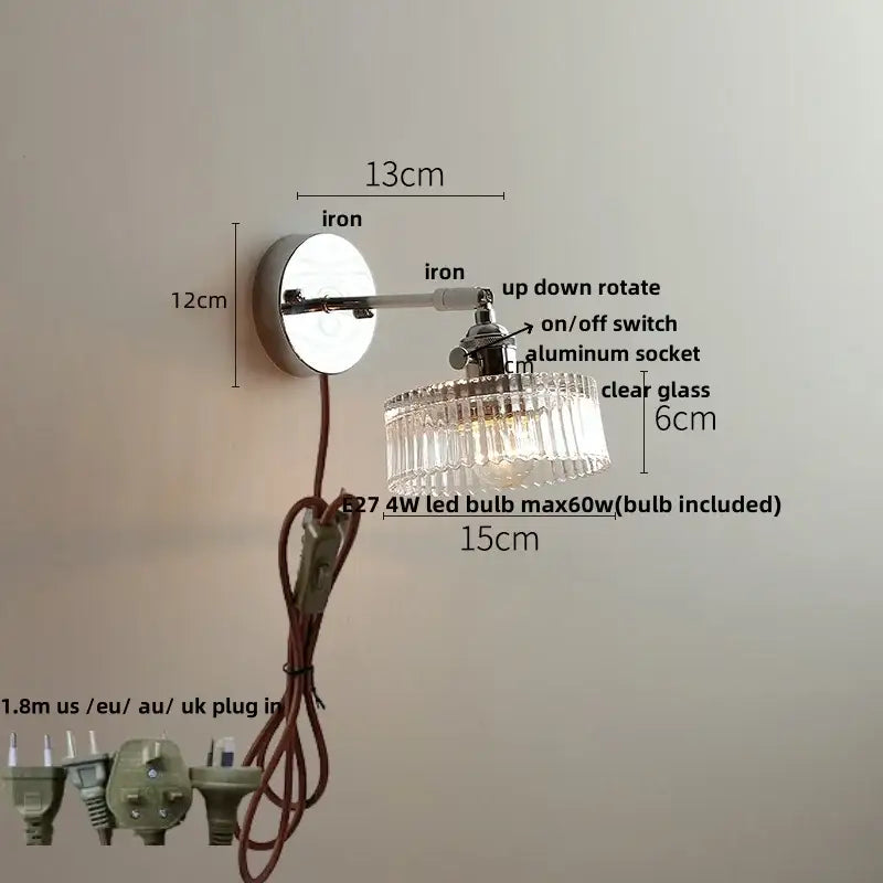 Vintage chrome clear glass wall sconce – bedroom pull chain light