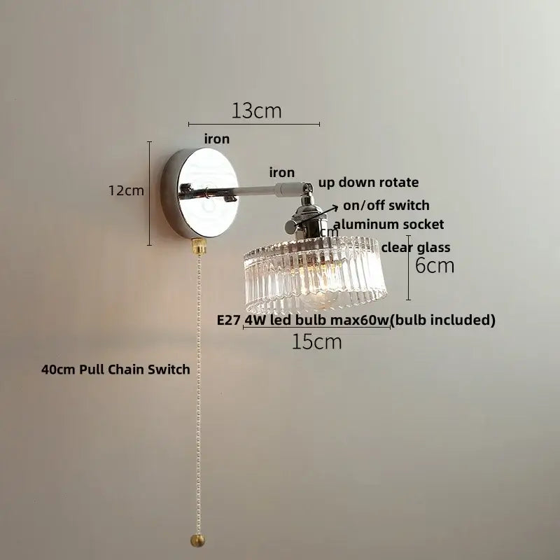 Vintage chrome clear glass wall sconce – bedroom pull chain light