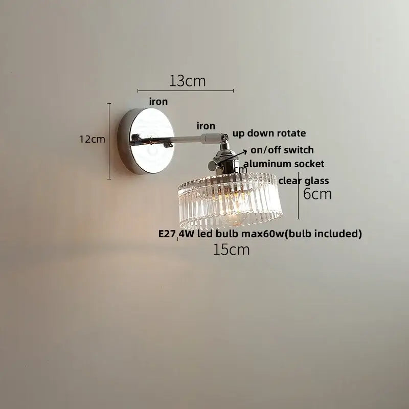 Vintage chrome clear glass wall sconce – bedroom pull chain light