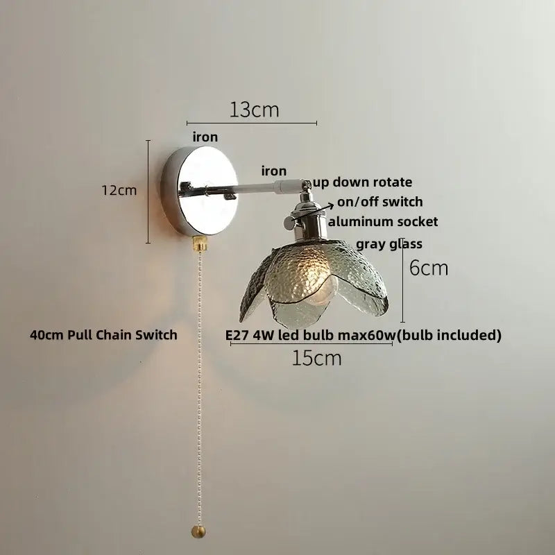 Vintage chrome clear glass wall sconce – bedroom pull chain light