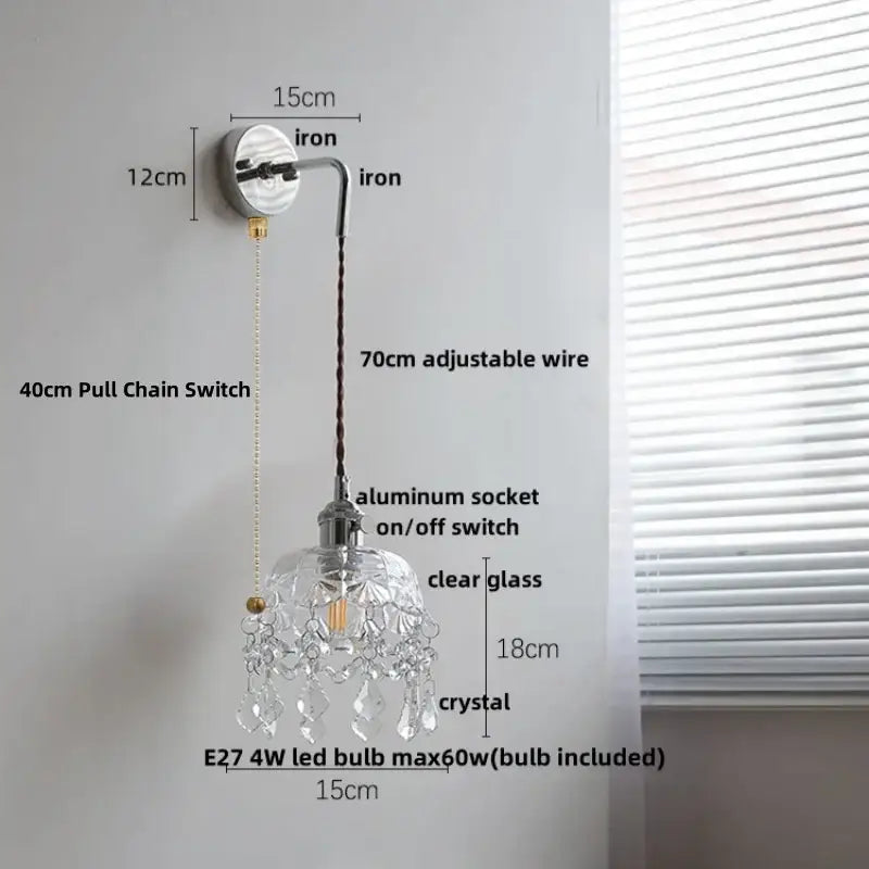 Vintage chrome clear glass wall sconce – bedroom pull chain light