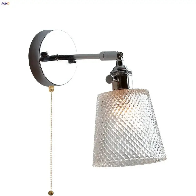 Vintage chrome clear glass wall sconce – bedroom pull chain light