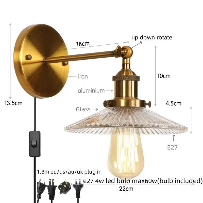 Vintage chrome led wall light bedroom faceted glass sconce