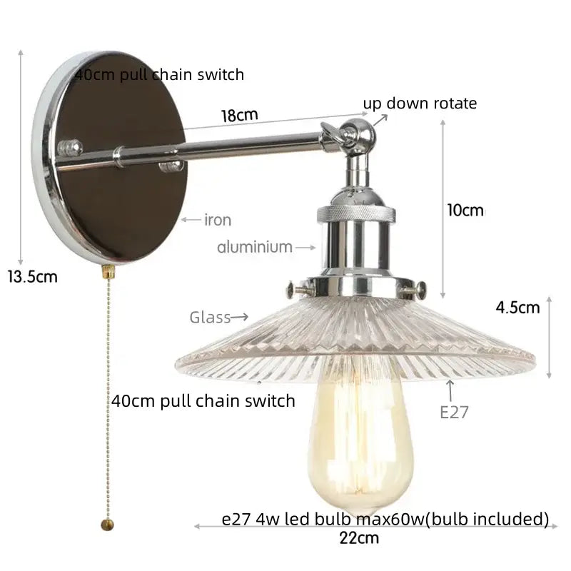 Vintage chrome led wall light bedroom faceted glass sconce