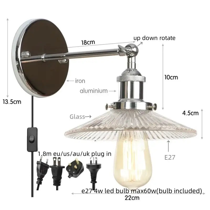 Vintage chrome led wall light bedroom faceted glass sconce