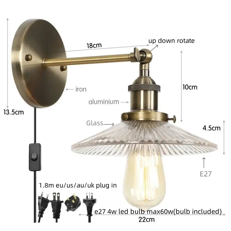 Vintage chrome led wall light bedroom faceted glass sconce