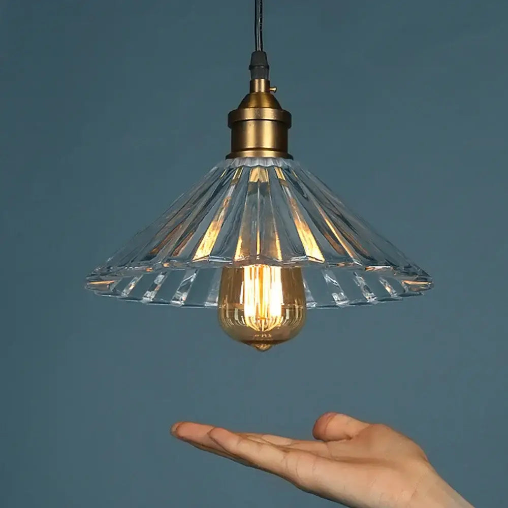Vintage clear stripe glass hanging light dining room brass pendant
