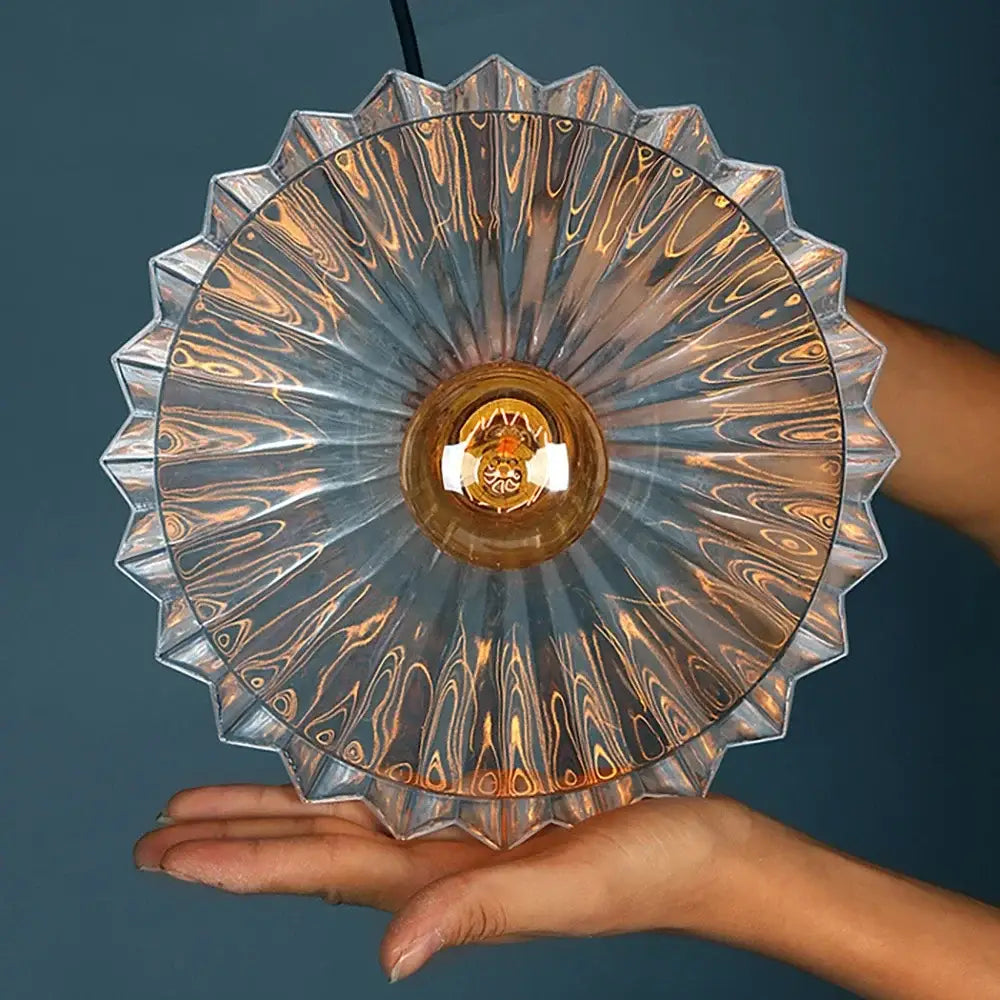 Vintage clear stripe glass hanging light dining room brass pendant