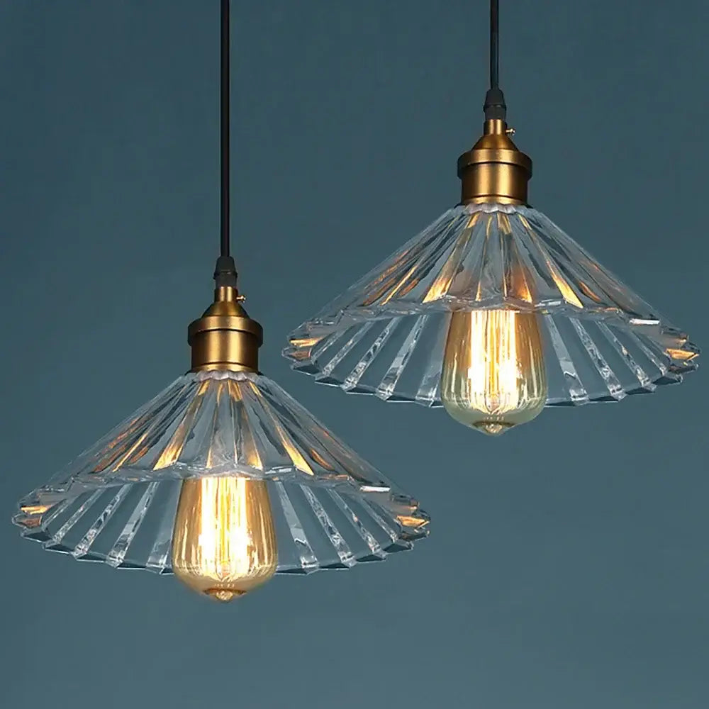 Vintage clear stripe glass hanging light dining room brass pendant