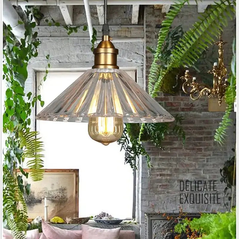 Vintage clear stripe glass hanging light dining room brass pendant