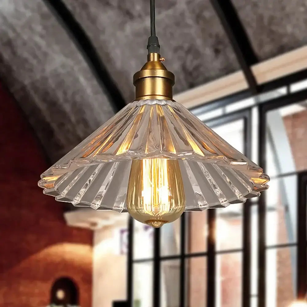 Vintage clear stripe glass hanging light dining room brass pendant