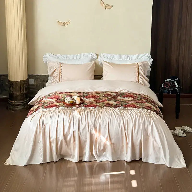 Vintage cream and gold 100s cotton bedding set bedroom ruffle skirt