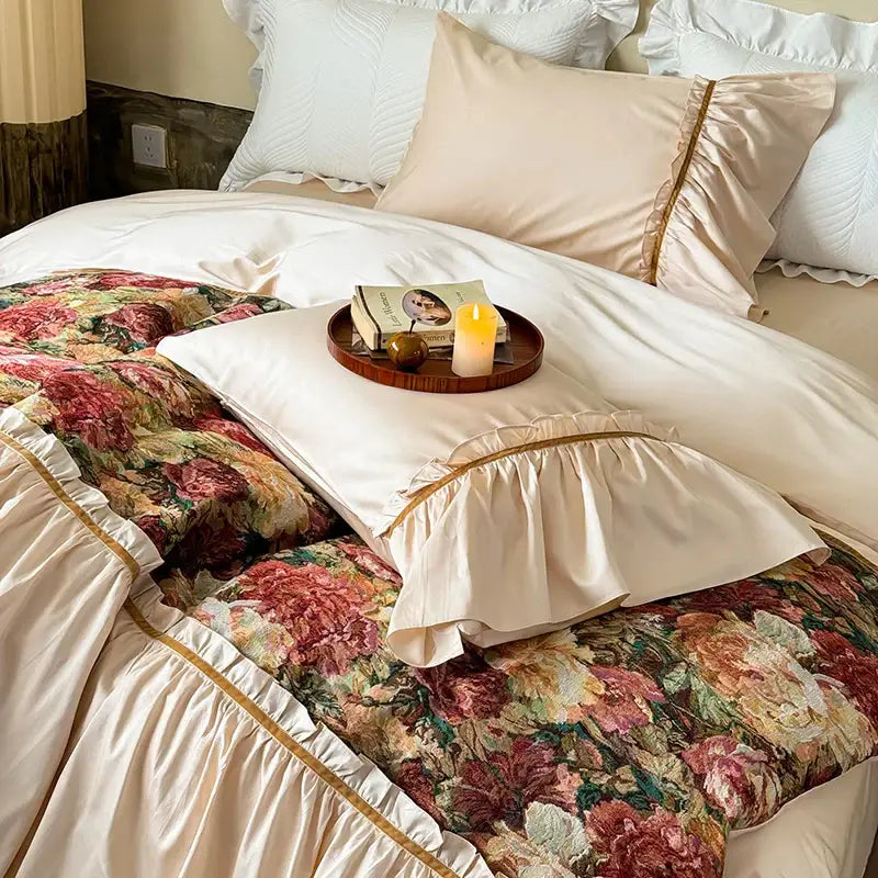 Vintage cream and gold 100s cotton bedding set bedroom ruffle skirt