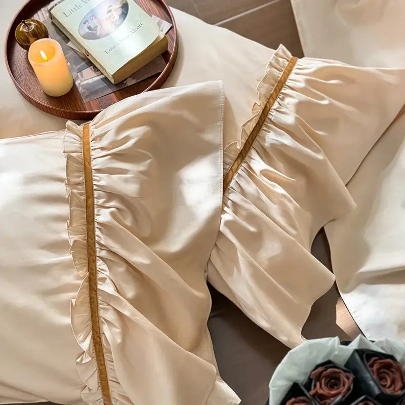 Vintage cream and gold 100s cotton bedding set bedroom ruffle skirt