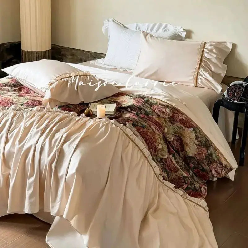 Vintage cream and gold 100s cotton bedding set bedroom ruffle skirt