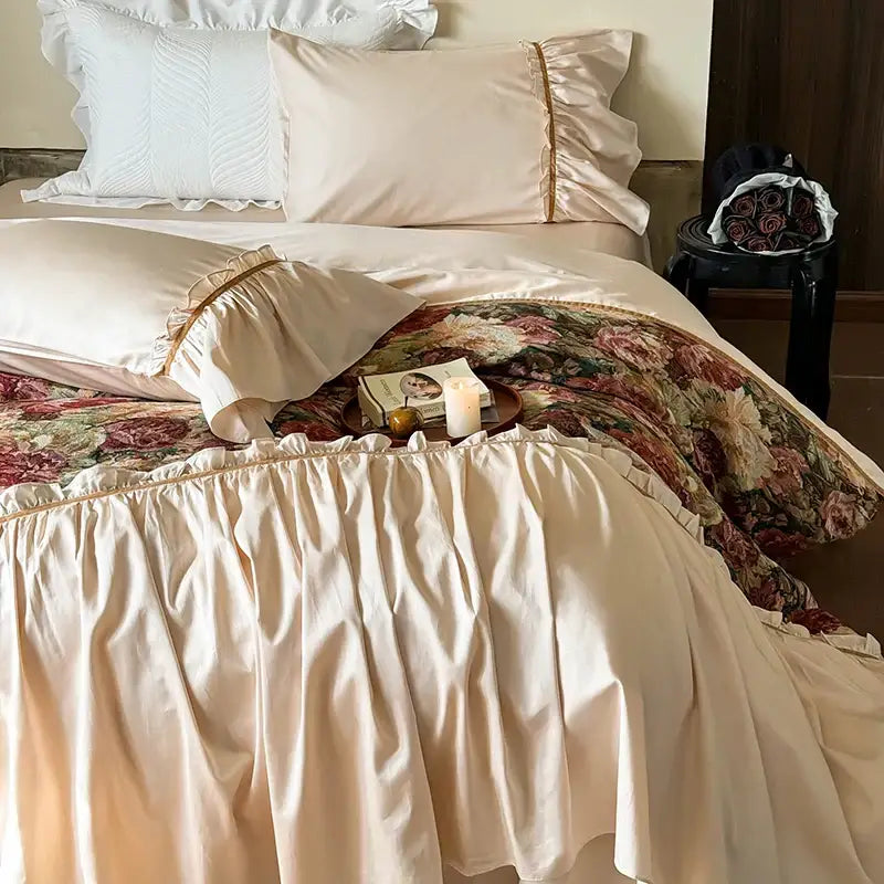 Vintage cream and gold 100s cotton bedding set bedroom ruffle skirt
