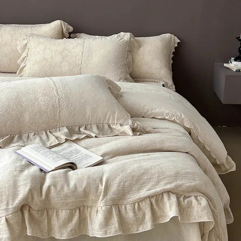 Vintage cream linen bedding set with jacquard lace ruffles bedroom