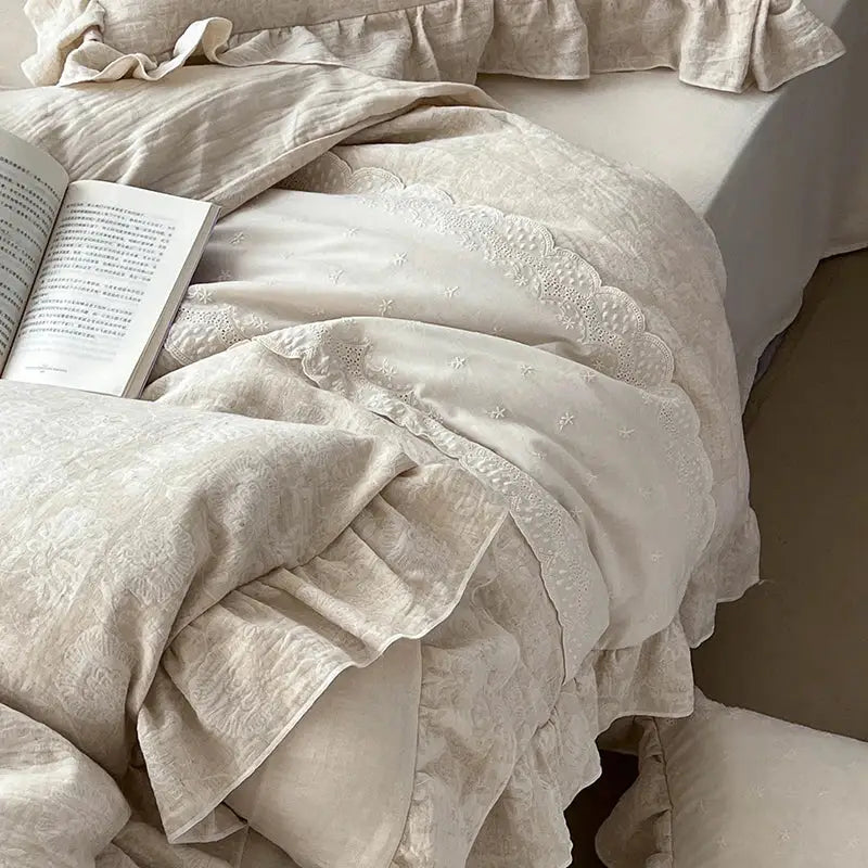 Vintage cream linen bedding set with jacquard lace ruffles bedroom