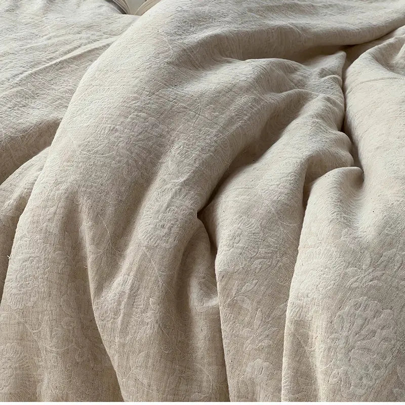 Vintage cream linen bedding set with jacquard lace ruffles bedroom
