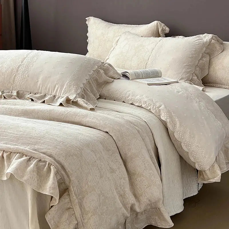 Vintage cream linen bedding set with jacquard lace ruffles bedroom